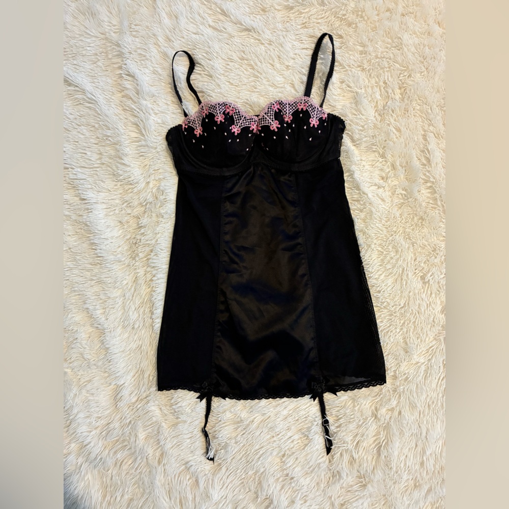 Victoria's Secret Black Slip Dress with Pink Embroidered Cups